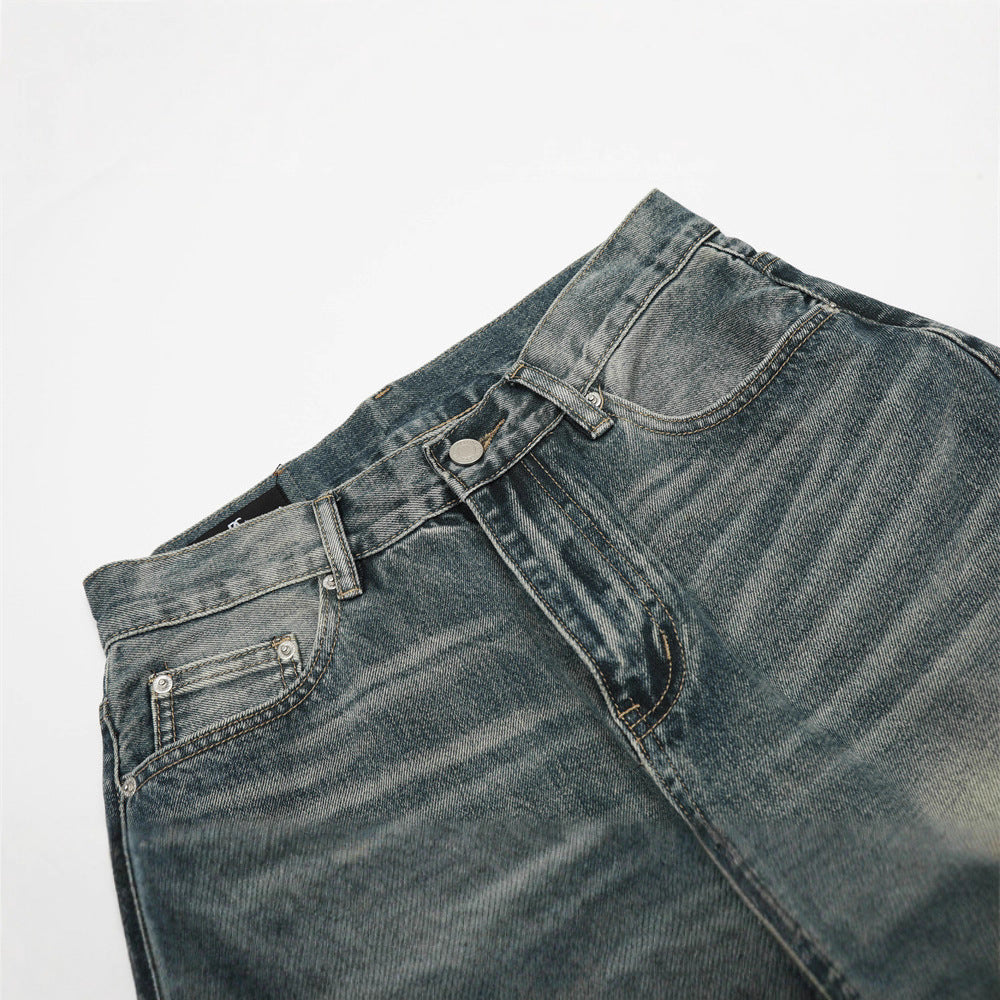 Retro Men's Jeans, Faded White Catwhisker Straight Leg, Versatile, Loose Fit Men's Pants