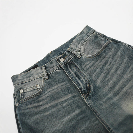 Retro Men's Jeans, Faded White Catwhisker Straight Leg, Versatile, Loose Fit Men's Pants