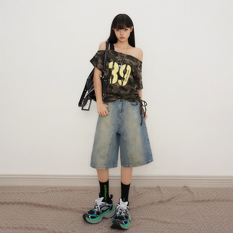 Women's Loose Wide-Leg Denim Shorts with Gradient Finish