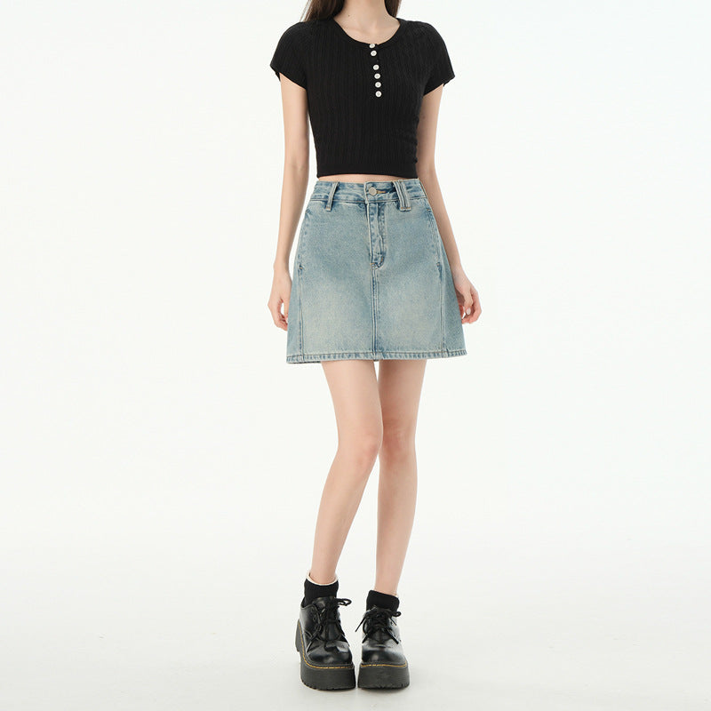 Light Color Denim Skirt for Women - High Waist Slim A-line Pencil Skirt