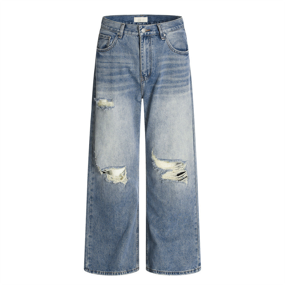 Men's Vintage Distressed Denim Trousers - Stylish Loose Fit Pants