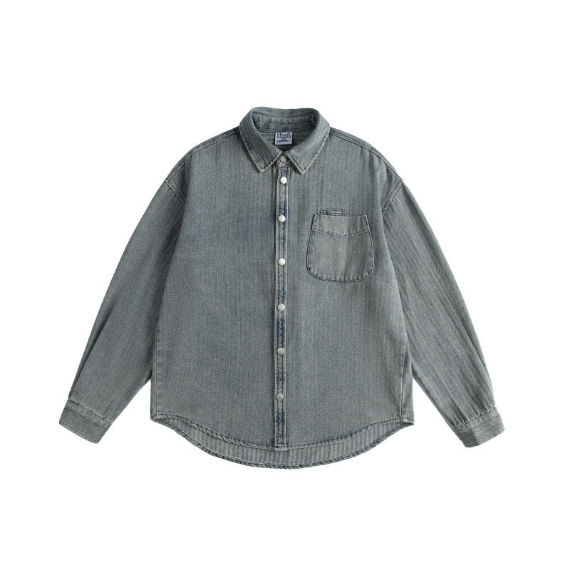 Minimally Washed Vintage Light Denim Long Sleeve Shirt for Men
