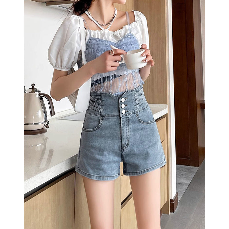 Casual High-Waisted Buttoned Denim A-Line Shorts for Women