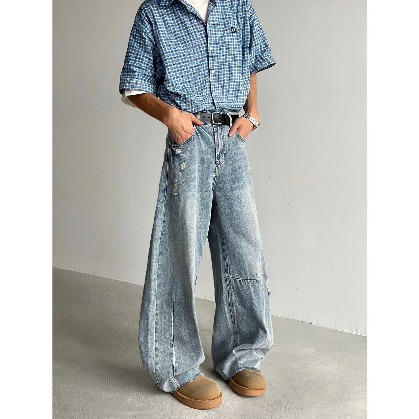 Ripped Denim Loose and Slimming Versatile Wide Leg Pants with Frayed Edges