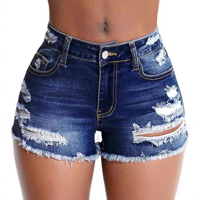 Hole-Trimmed High-Waisted Skinny Denim Shorts for Women - Fashionable Denim Pants