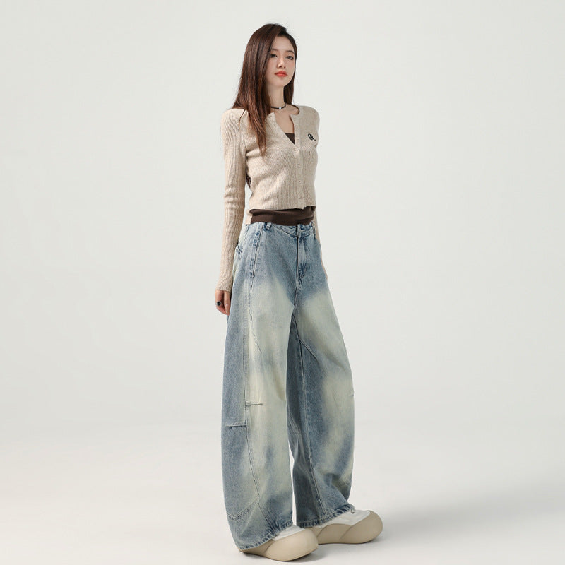 Women's Vibe Pleated Spliced Denim Pants - High Waist Loose Scythe Pants