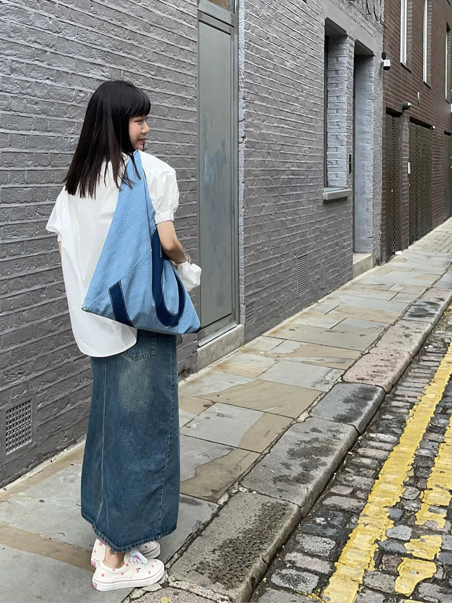 Denim Tote Bag - Large Stylish Commuter Shoulder Bag