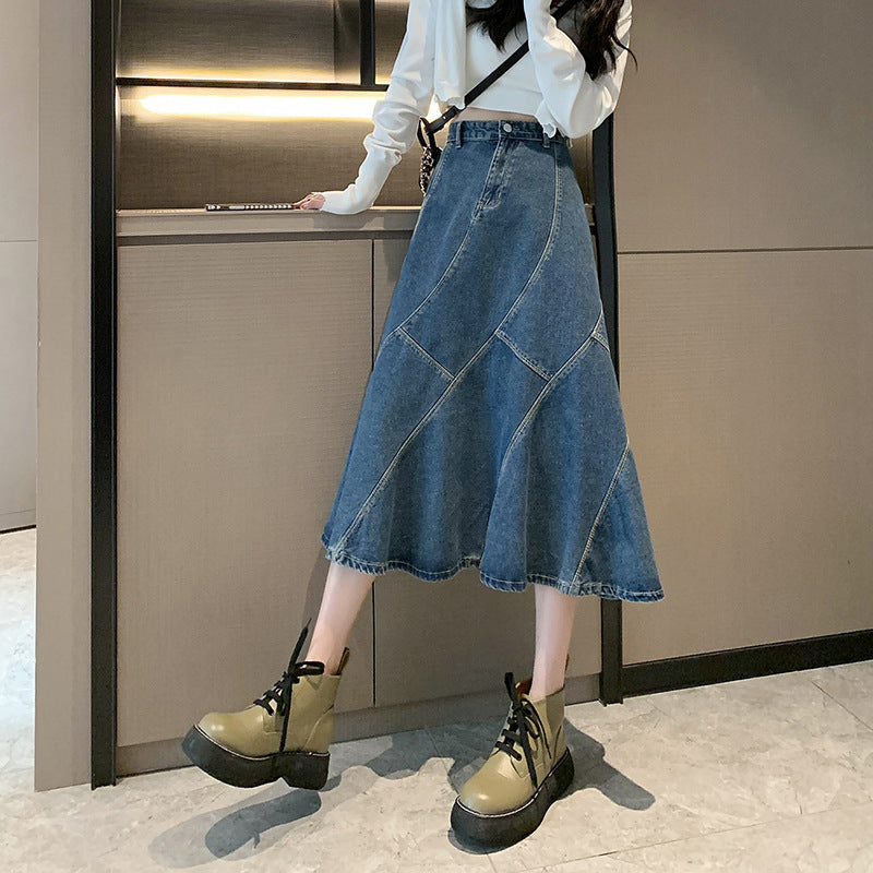 High Waist A-Line Loose Midi Denim Skirt for Women