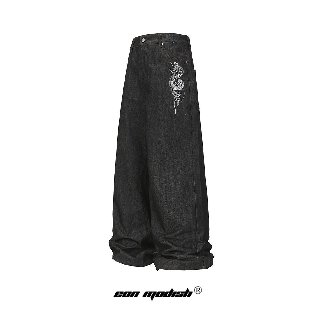 High-Quality  Denim Long Pants with Snake Element Design