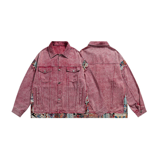 Ethnic Spliced Washed Denim Jacket