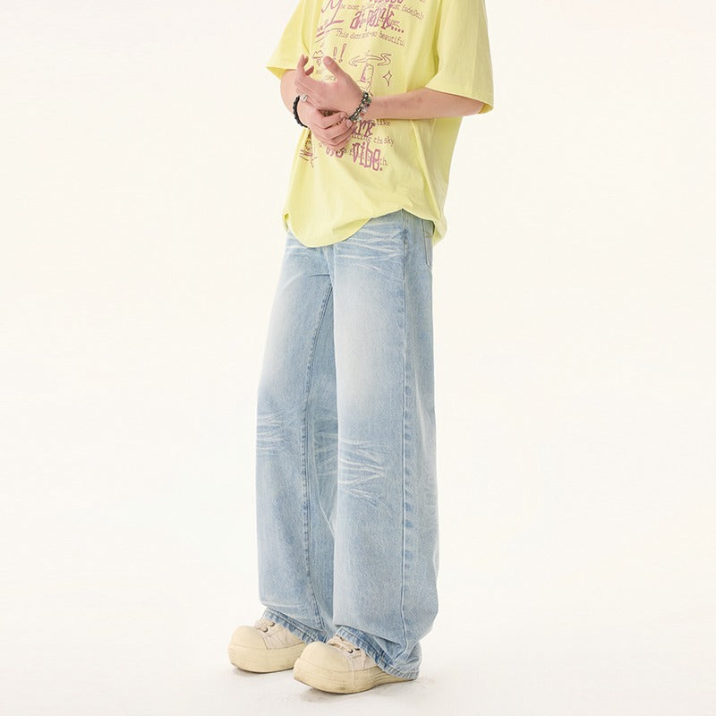 Summer Loose Straight Leg Commuting Pants in Washed Blue Denim