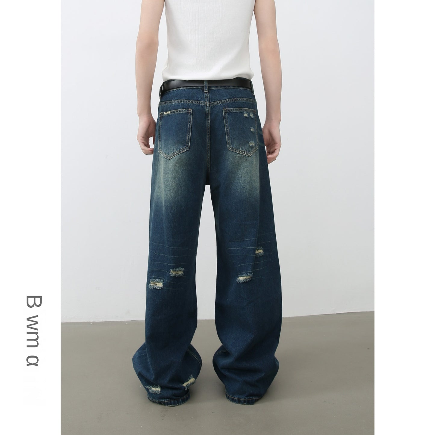 Wide-Leg Distressed Denim Trousers for Men - Loose Straight Vintage Floor-Length Pants