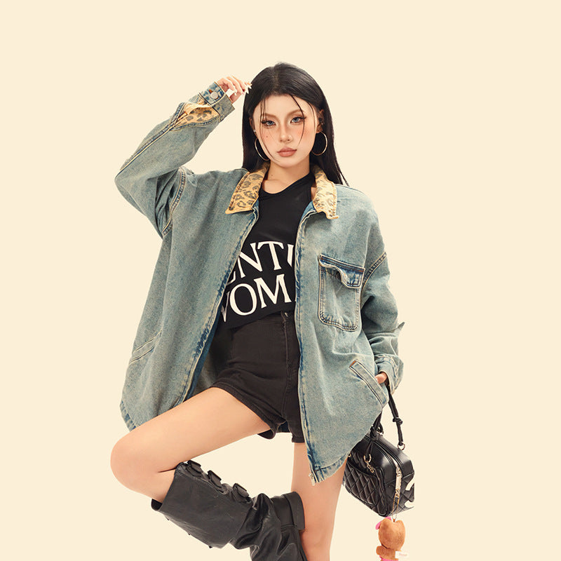 Distressed Denim Jacket with Contrasting Collar and Zipper