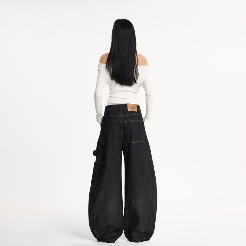 Women's Wide-Leg Original Black Denim Pants - Loose Casual Versatile Long Trousers
