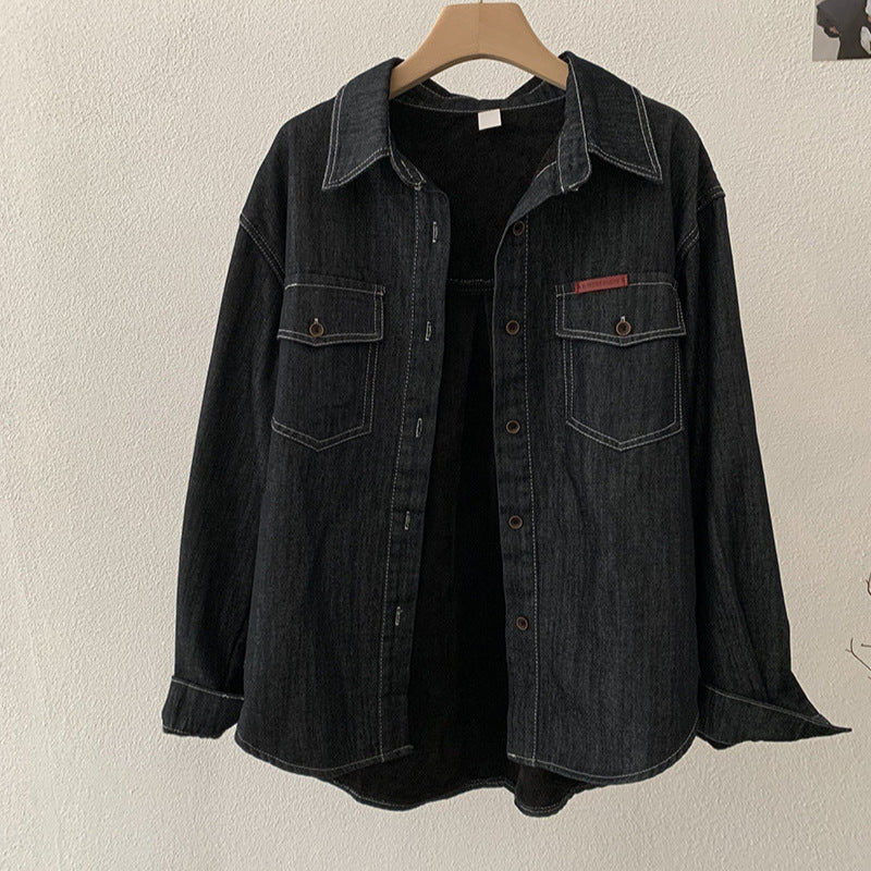 Warm Thickened Loose Mid-Length Open-Front Denim Jacket with Turn-Down Collar and Fleece Lining for Women