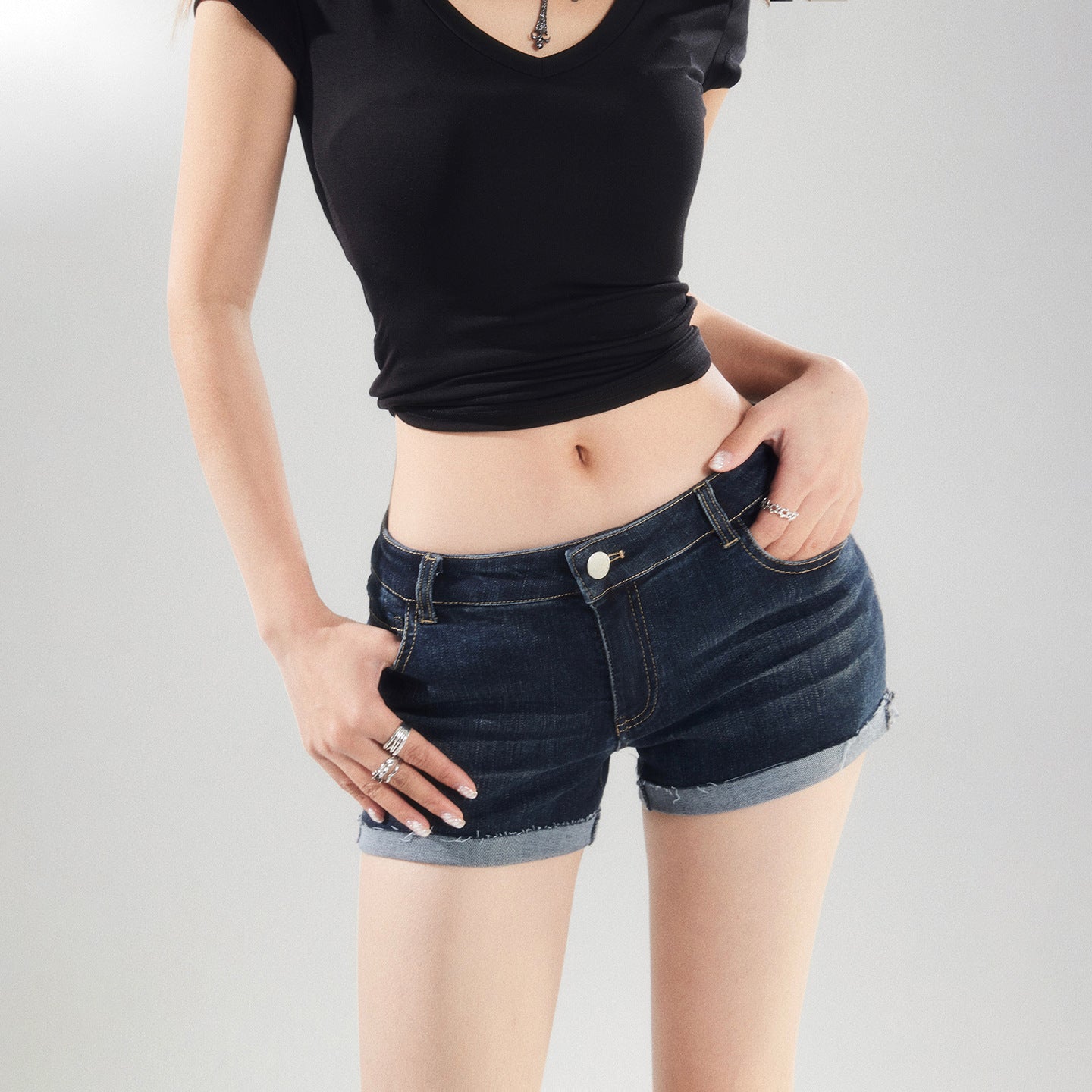 Dark Blue Cuffed Denim Shorts for Women - Elastic High Waist Washed Versatile Hot Pants
