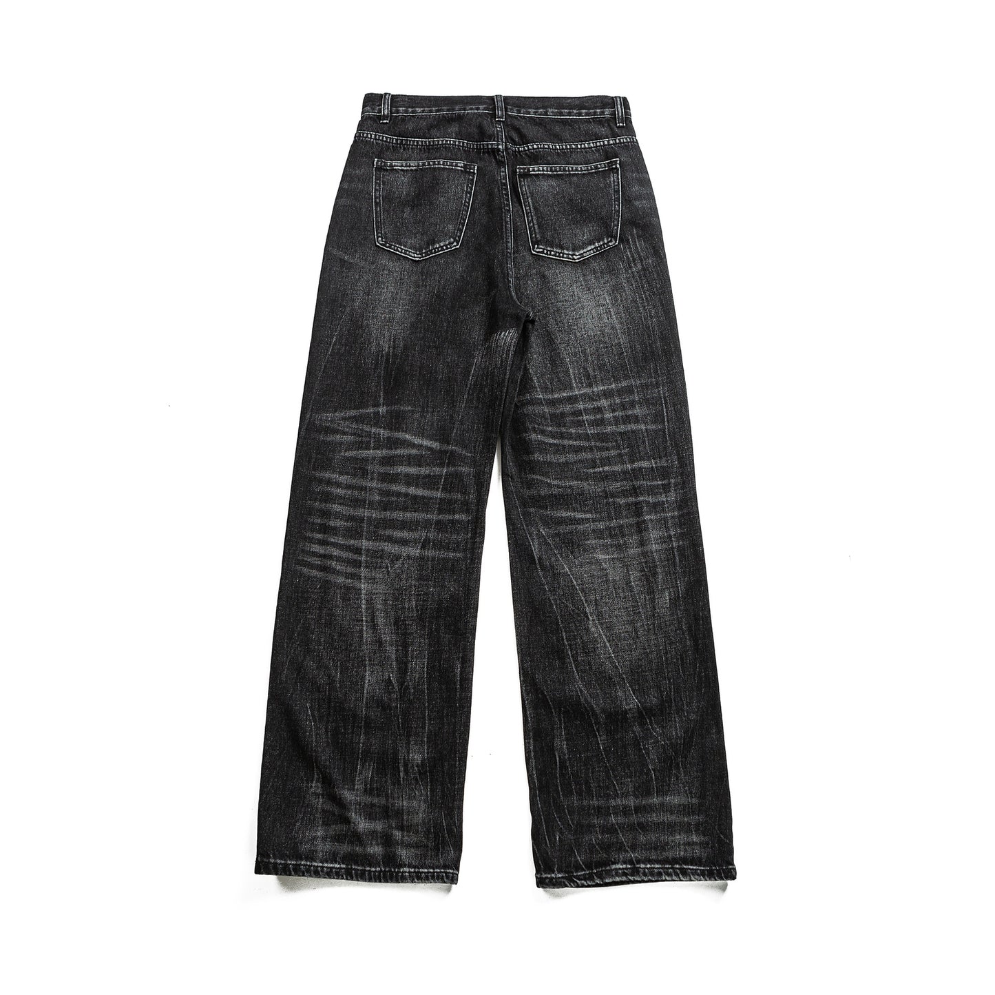 Lightning Crack Pattern Distressed Washed Denim High Waist Zipper Jeans