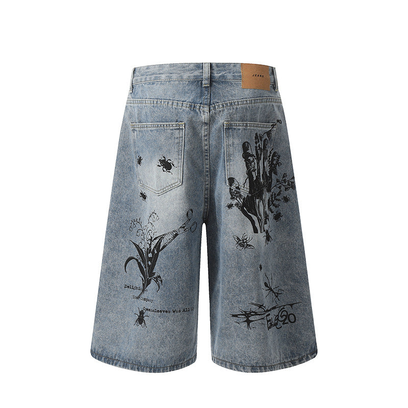 Wide Leg Denim Cropped Pants with Insect Graffiti