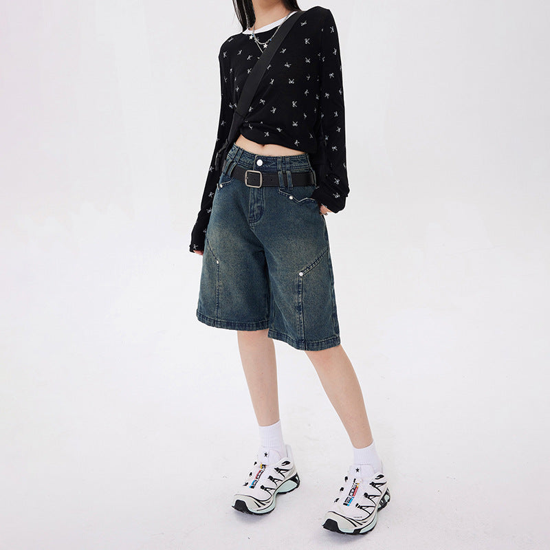 Women's High Waist Denim Shorts Five-Quarter Pants