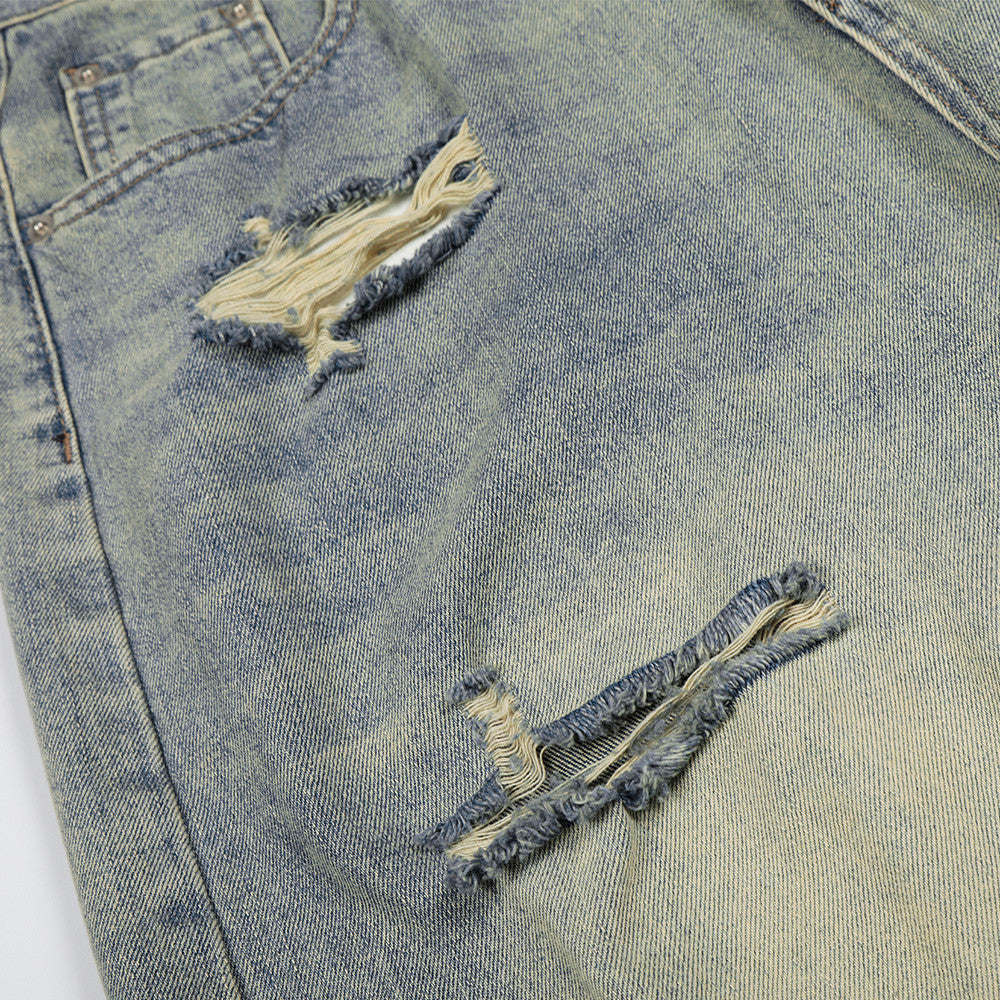 Mens Ripped Cropped Denim Pants — Vintage Blue Loose Fit Street Style