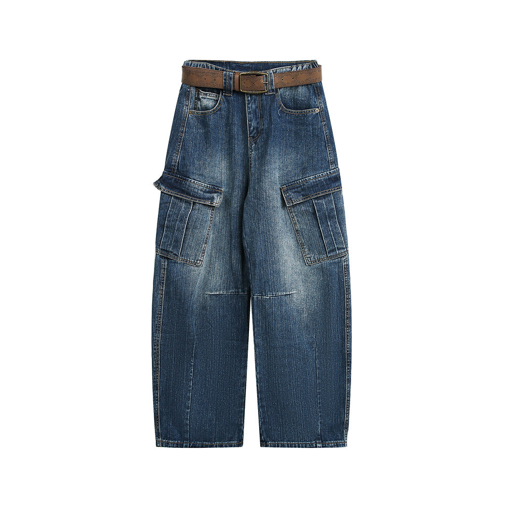 Multi-Pocket Loose Straight Leg Wide Leg Washed Cargo Denim Pants