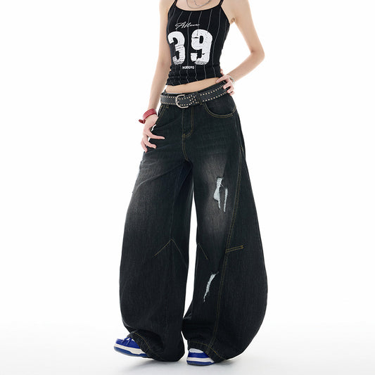 Distressed Slash Jeans for Women - Casual Wide Leg Denim Pants