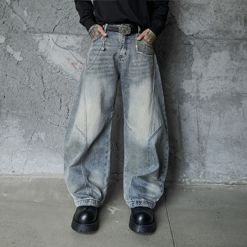 Vintage Distressed Denim Pants for Men in Graffiti Slash Design