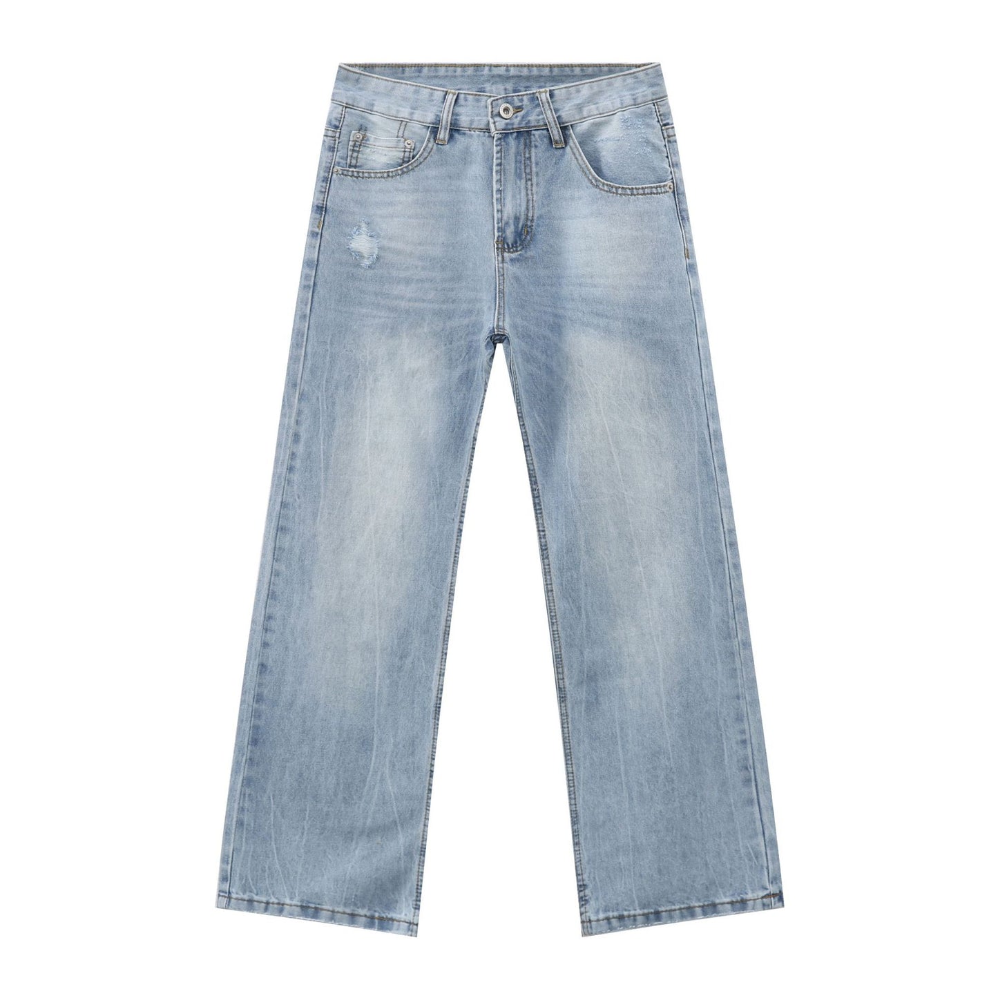 American Retro Washed Blue Distressed Denim Trousers for Men - Simple and Versatile Loose Wide-Leg Long Pants