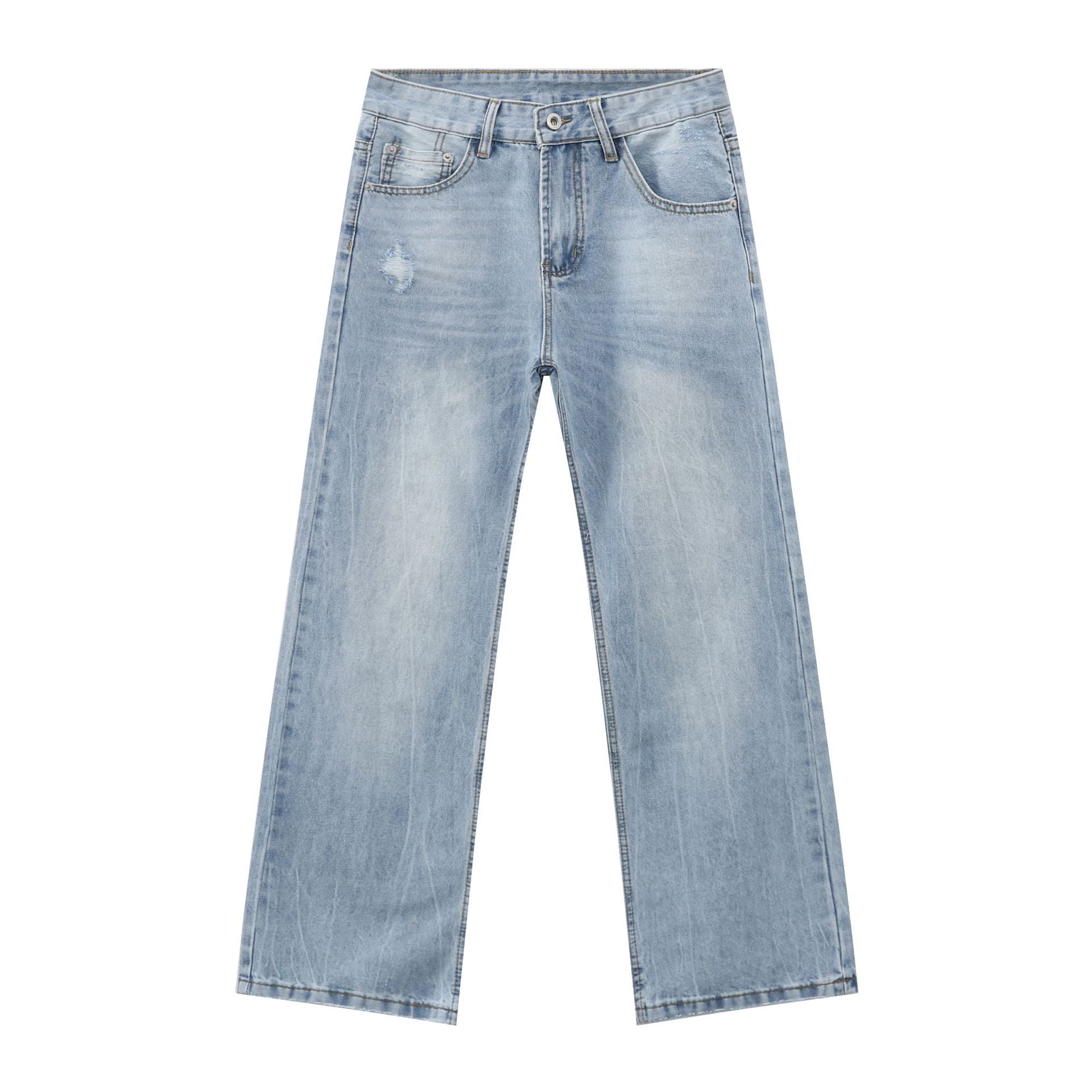 American Retro Washed Blue Distressed Denim Trousers for Men - Simple and Versatile Loose Wide-Leg Long Pants