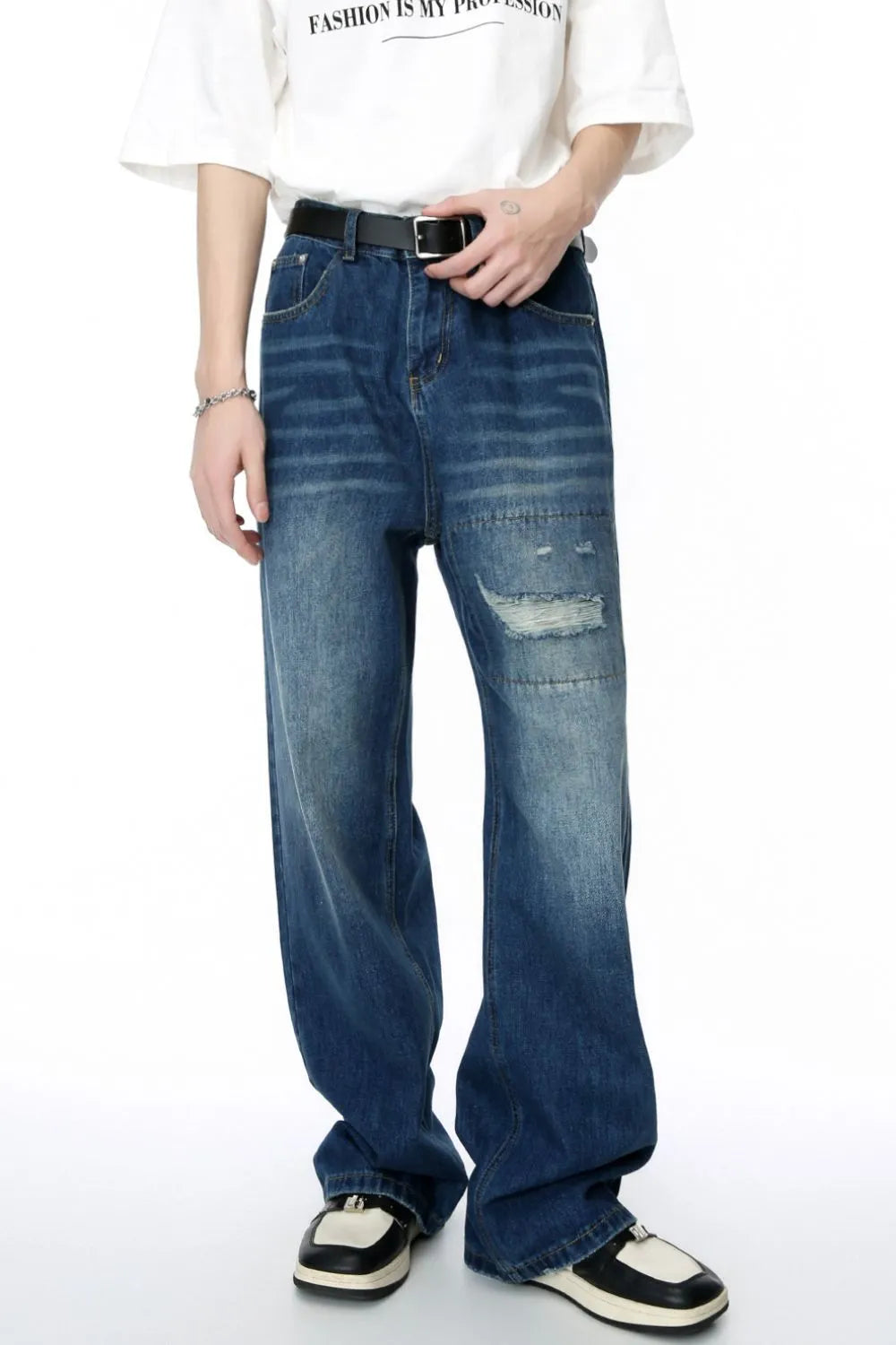 Men's Distressed Applique Straight Jeans - Premium Japanese Denim