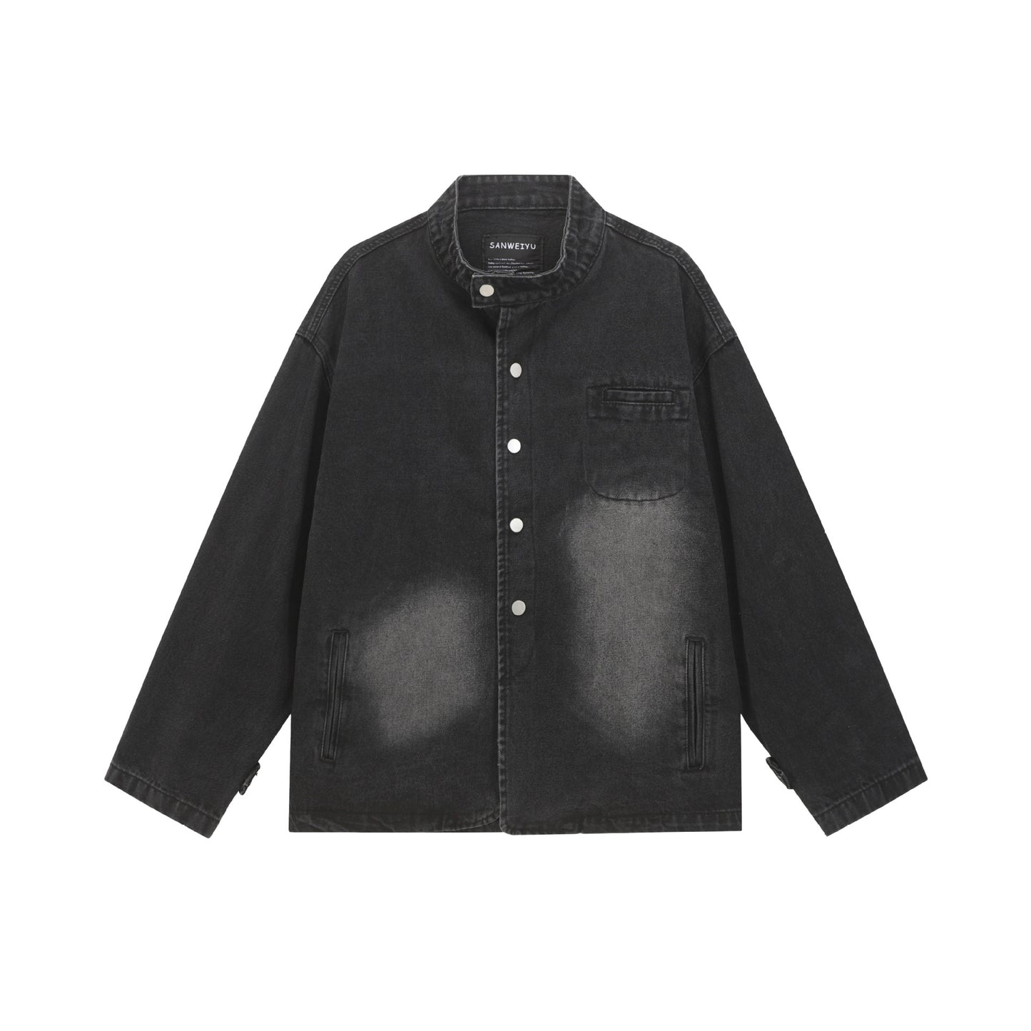 Solid Color Button-Up Stand Collar Loose Fit Denim Jacket