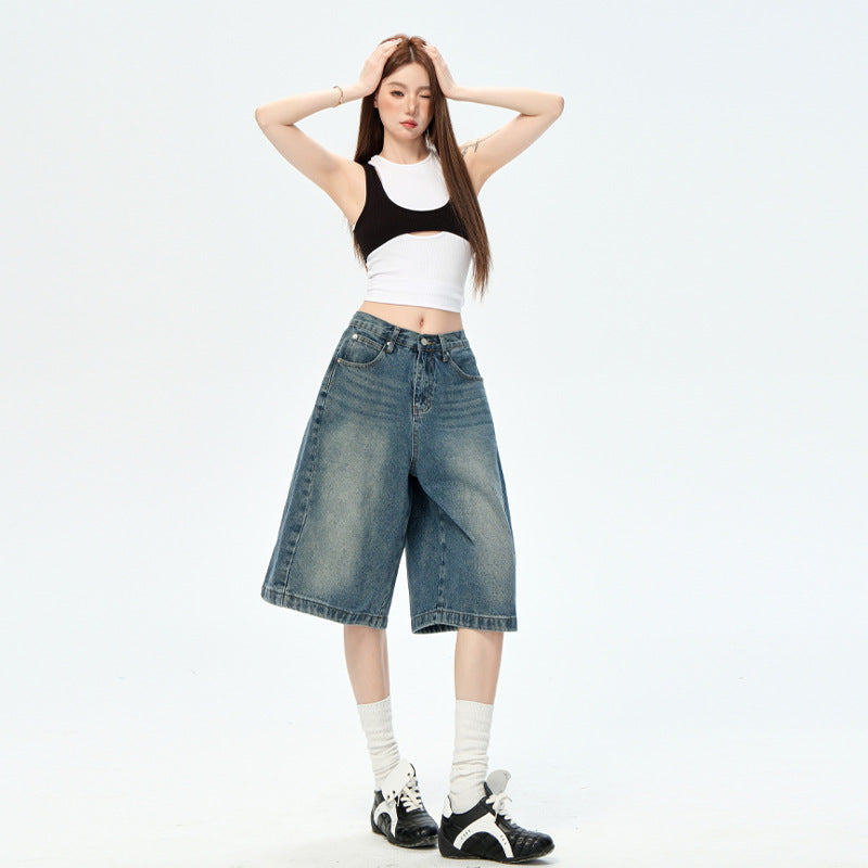 Women's Loose Casual Denim Trousers - Water-Washed Wide-Leg Pants
