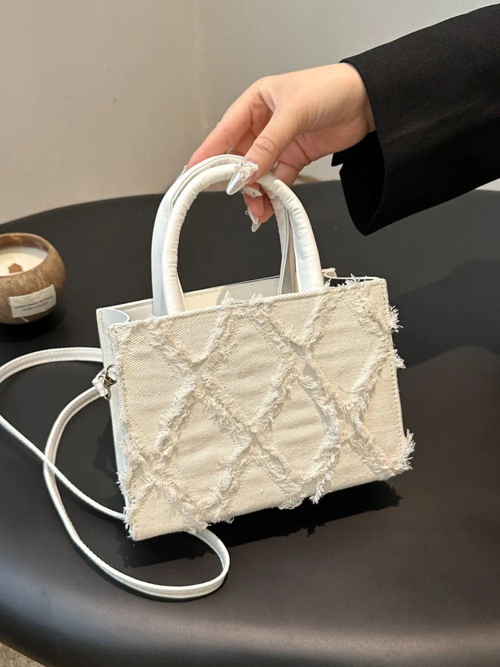 Quality Raw Hem Denim and PU Leather Handbag