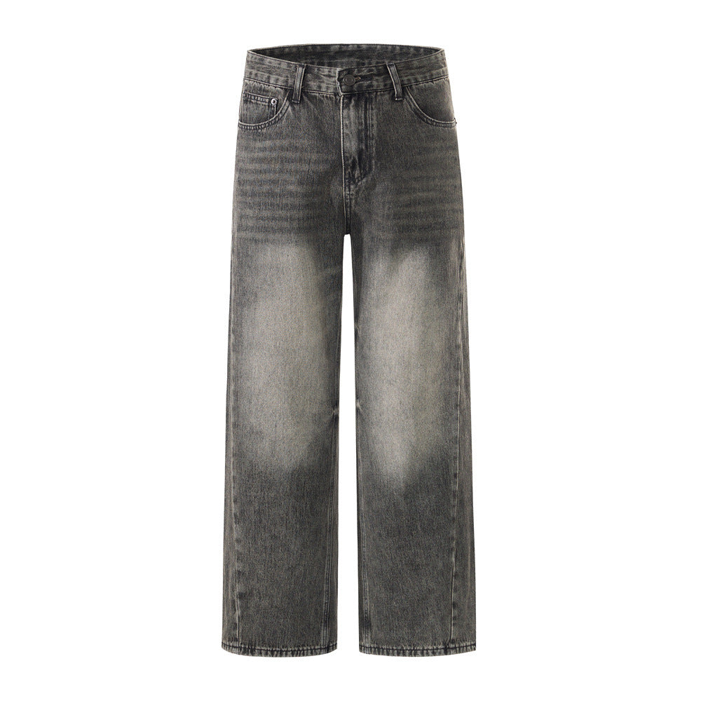 Street Style Men's Denim Jeans, Tie-Dye Catwhisker Straight Leg, Casual Loose Fit, Trendy, Versatile Men's Pants