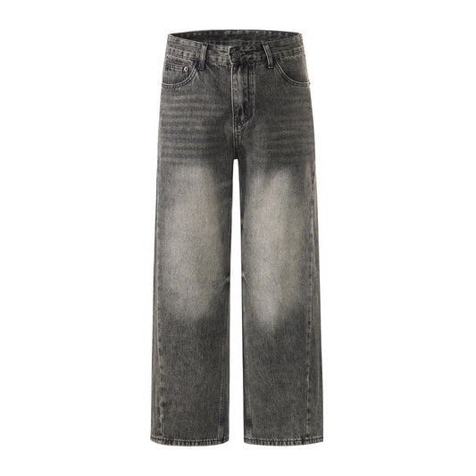 Street Style Men's Denim Jeans, Tie-Dye Catwhisker Straight Leg, Casual Loose Fit, Trendy, Versatile Men's Pants