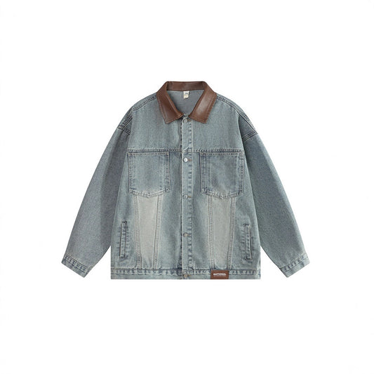Vintage Leather Collar Denim Jacket Loose Workwear Jacket