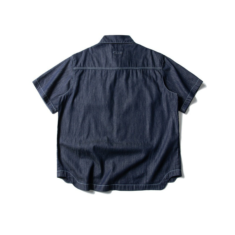 Three Dimensional Pocket Washed Vintage Short Sleeved Denim Shirt