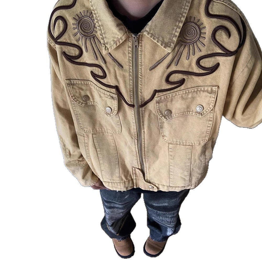 Heavyweight Denim Jacket - Embroidered Washed Vintage Retro Jacket