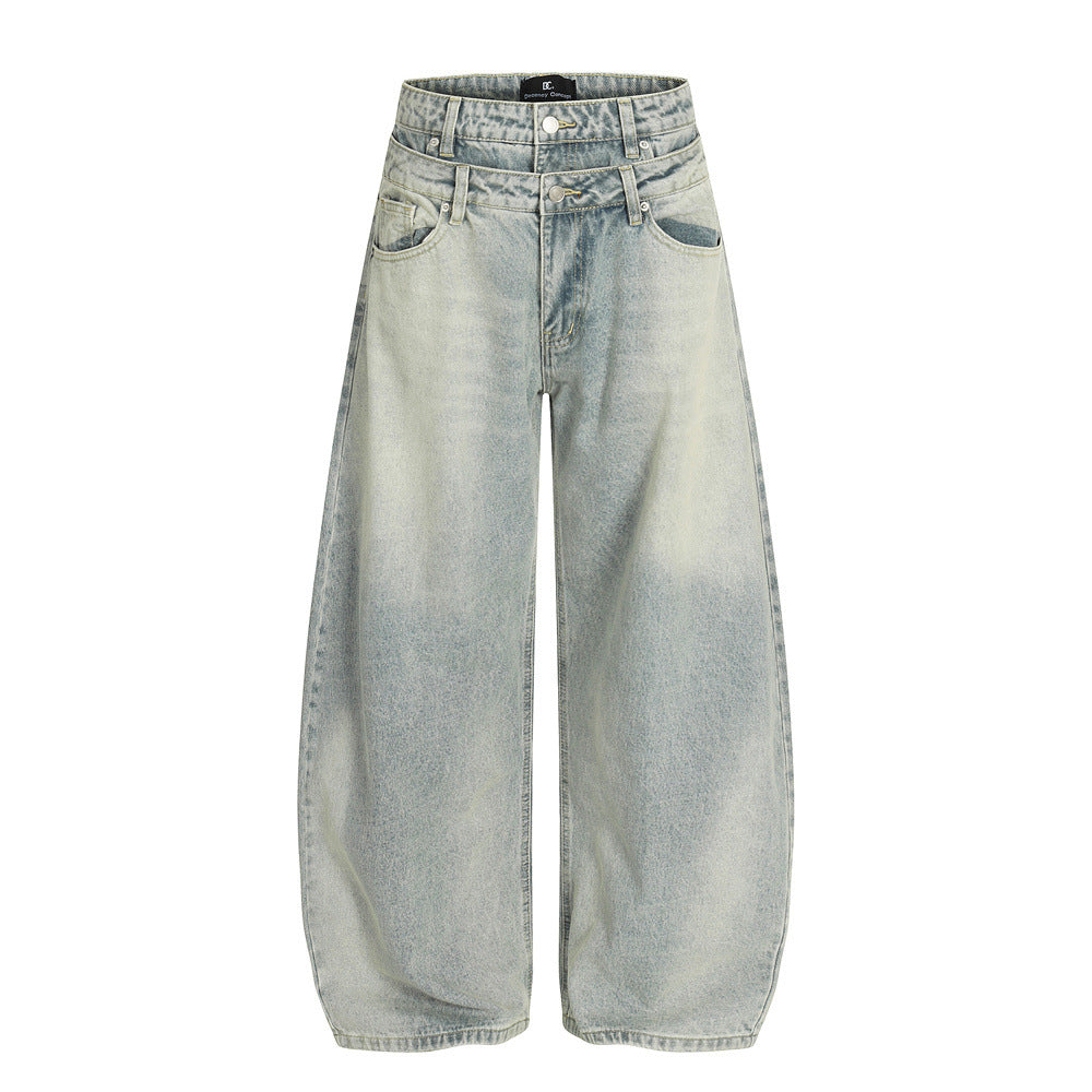 Street Style Men's Jeans with Double Waistband, Faded Knife-Edge Design, Trendy Brand, Loose Fit, New Men's Pants