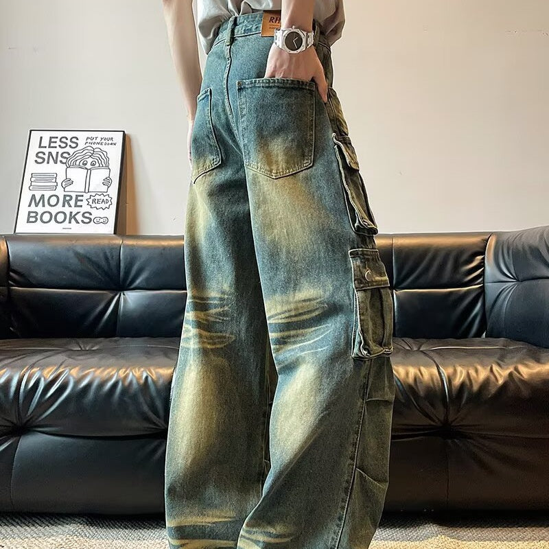 Washed and Worn Multi Pocket Wide Leg Hanging Long Pants