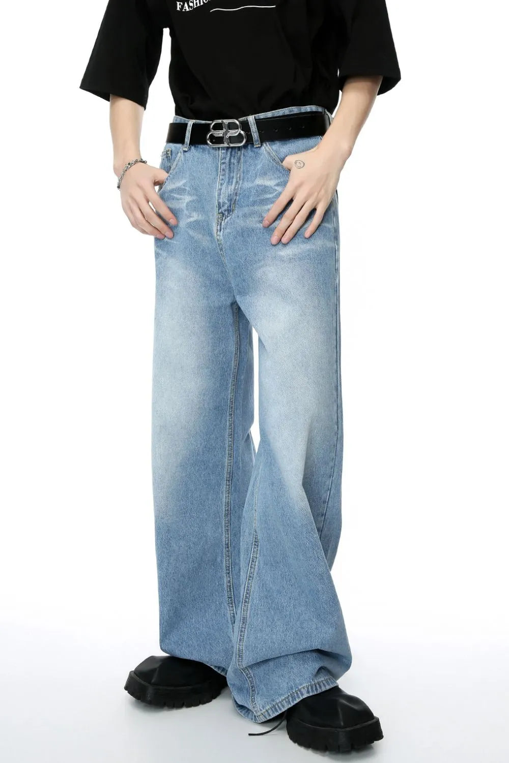 Mid Rise Wide Leg Men's Jeans with Pockets