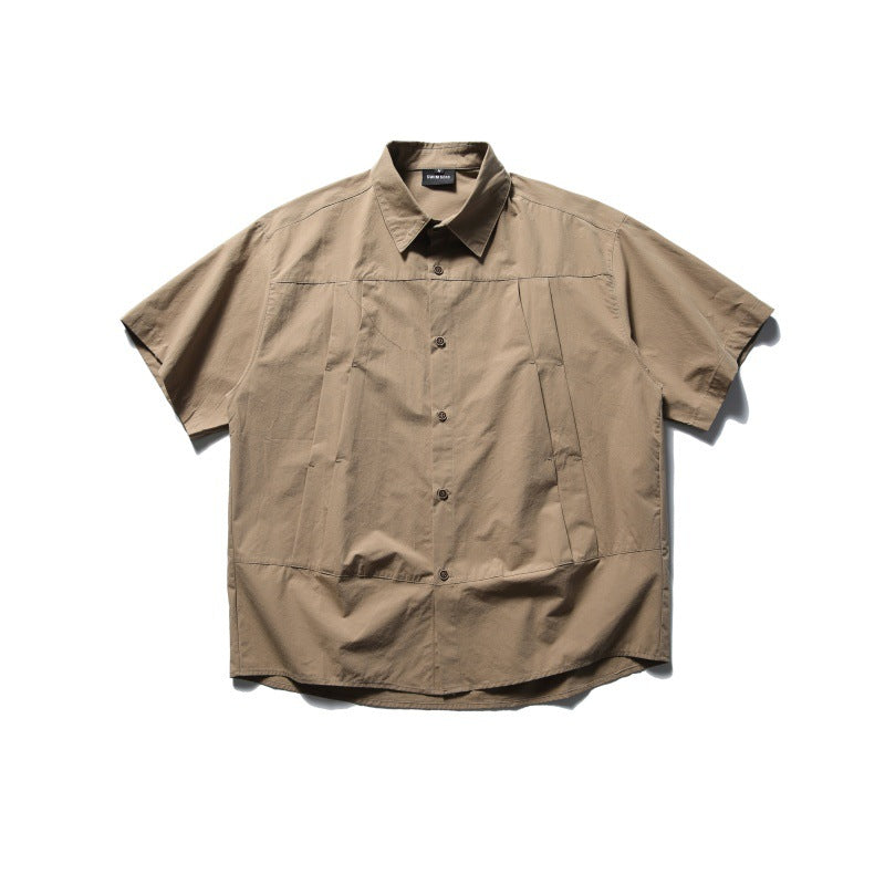 Solid Color Workwear Shirt -  Short Sleeved & Loose Fitting