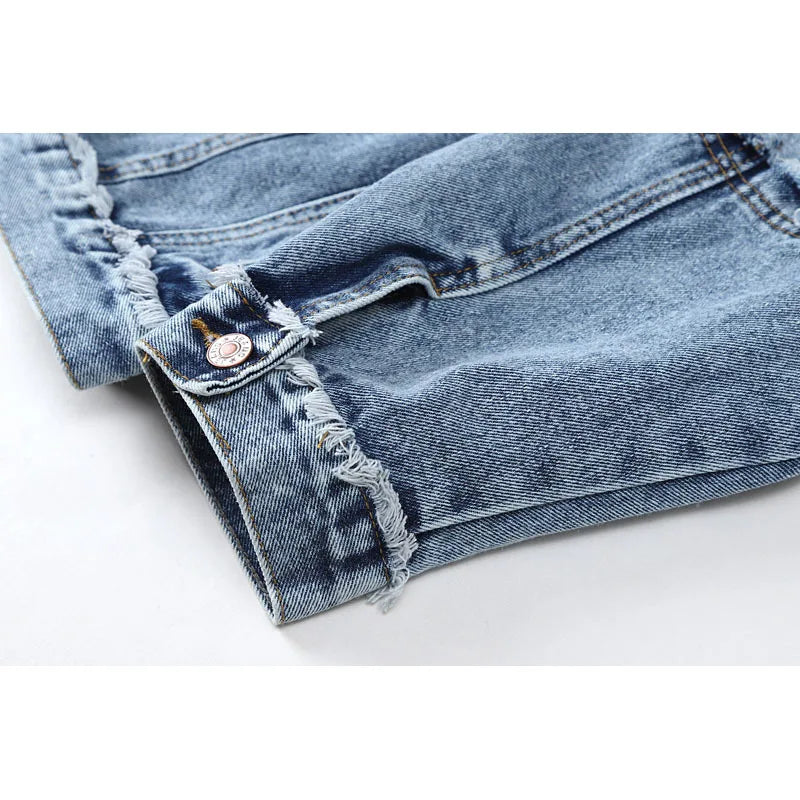 Women's Light Blue Denim Jacket with Frayed Details and Patchwork Design