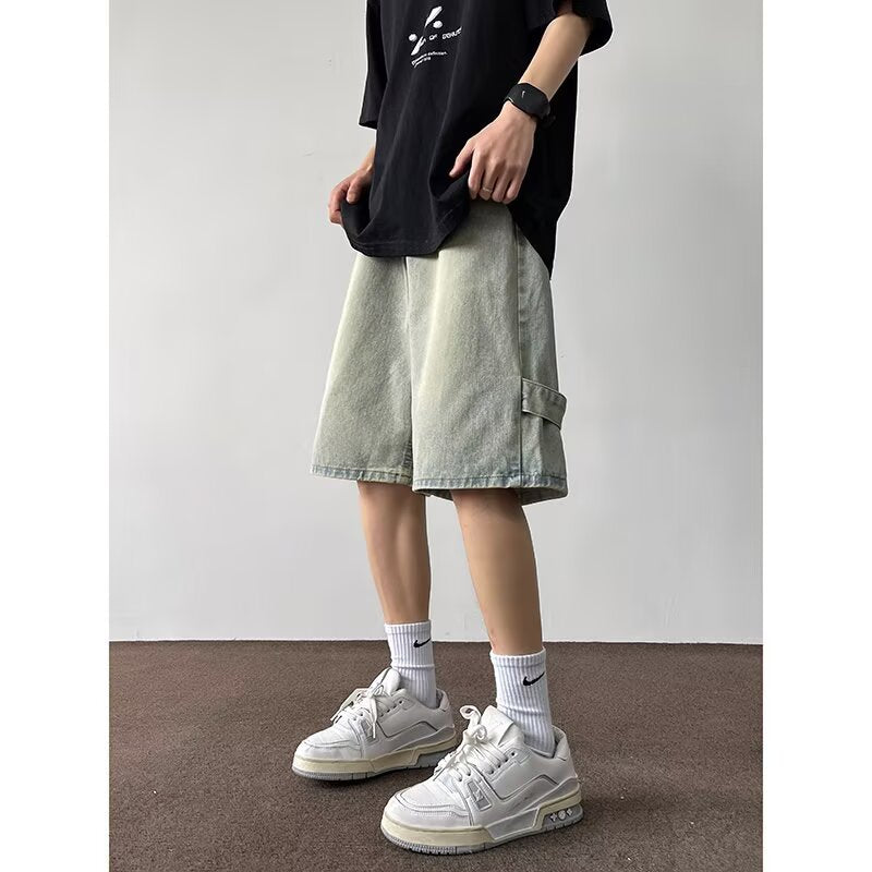 Retro Yellow Mud-Dyed Denim Zippered Niche Five-Quarter Pants