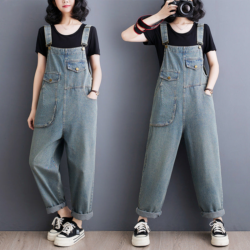 Women's Vintage Denim Jumpsuit - Loose Wide-Leg Romper with Pockets