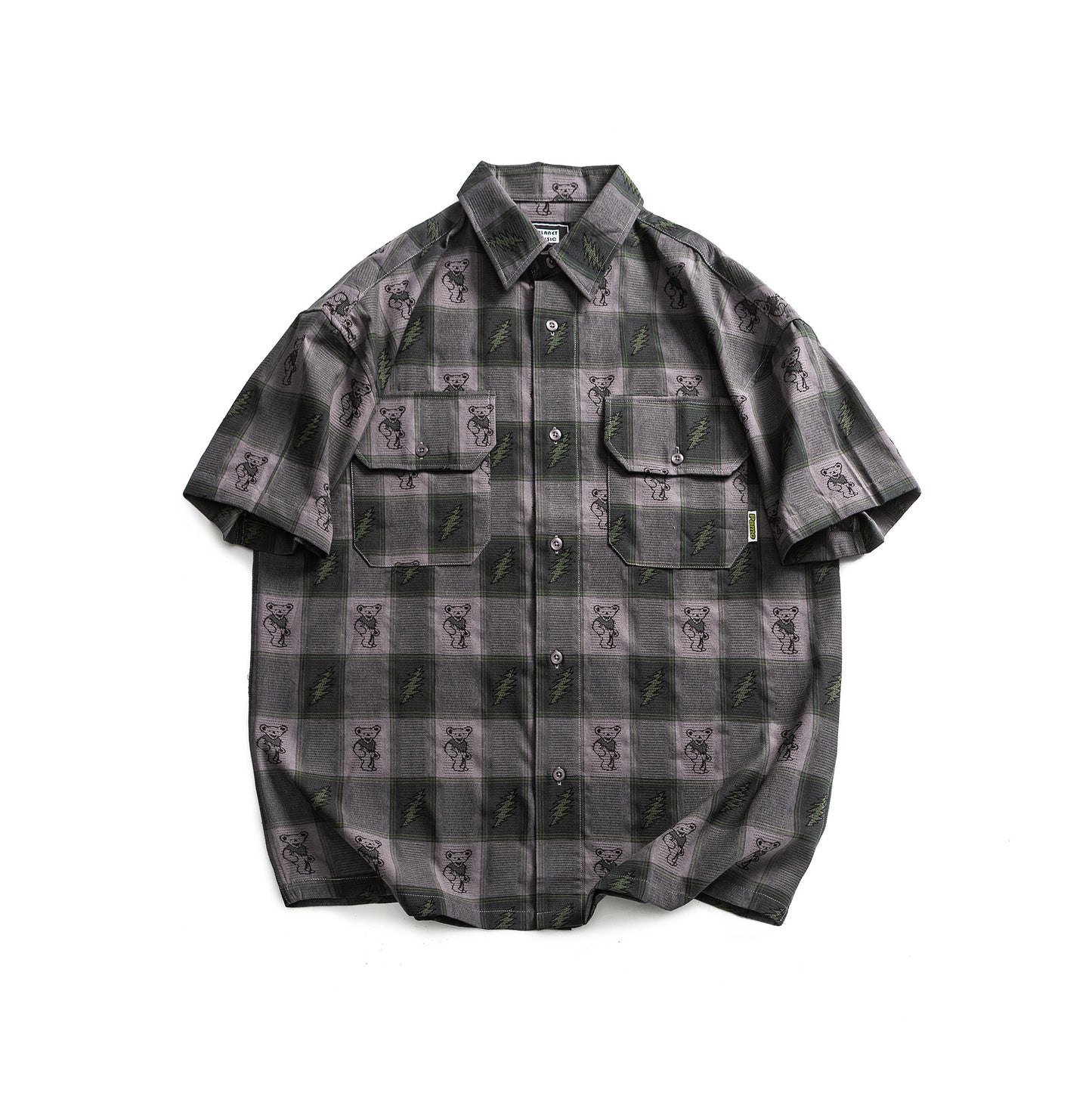 Bear Color Blocked Woven Casual Short Sleeve Shirt for Men and Women