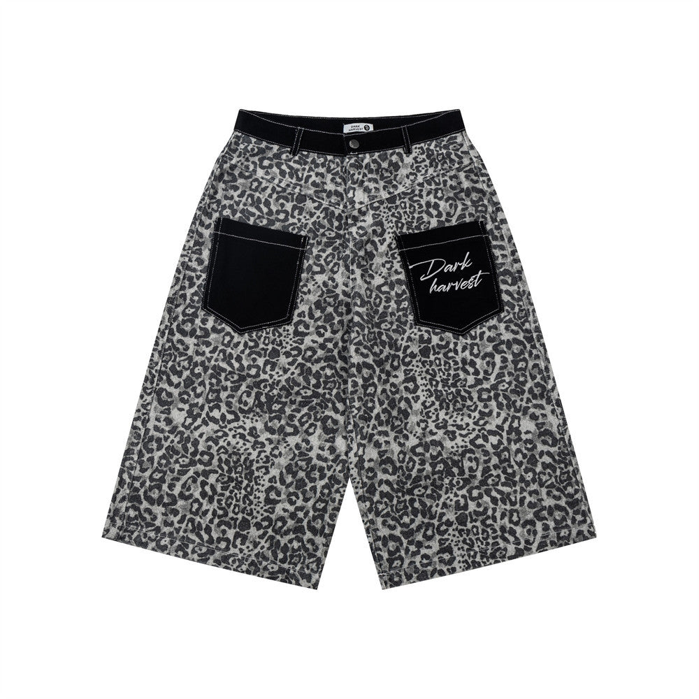 Leopard Embroidered Mid-Rise Denim Shorts — Apricot & Black