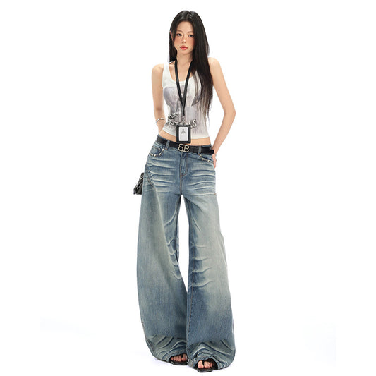 Spicy Girl Washed Pleated Wide-Leg Jeans