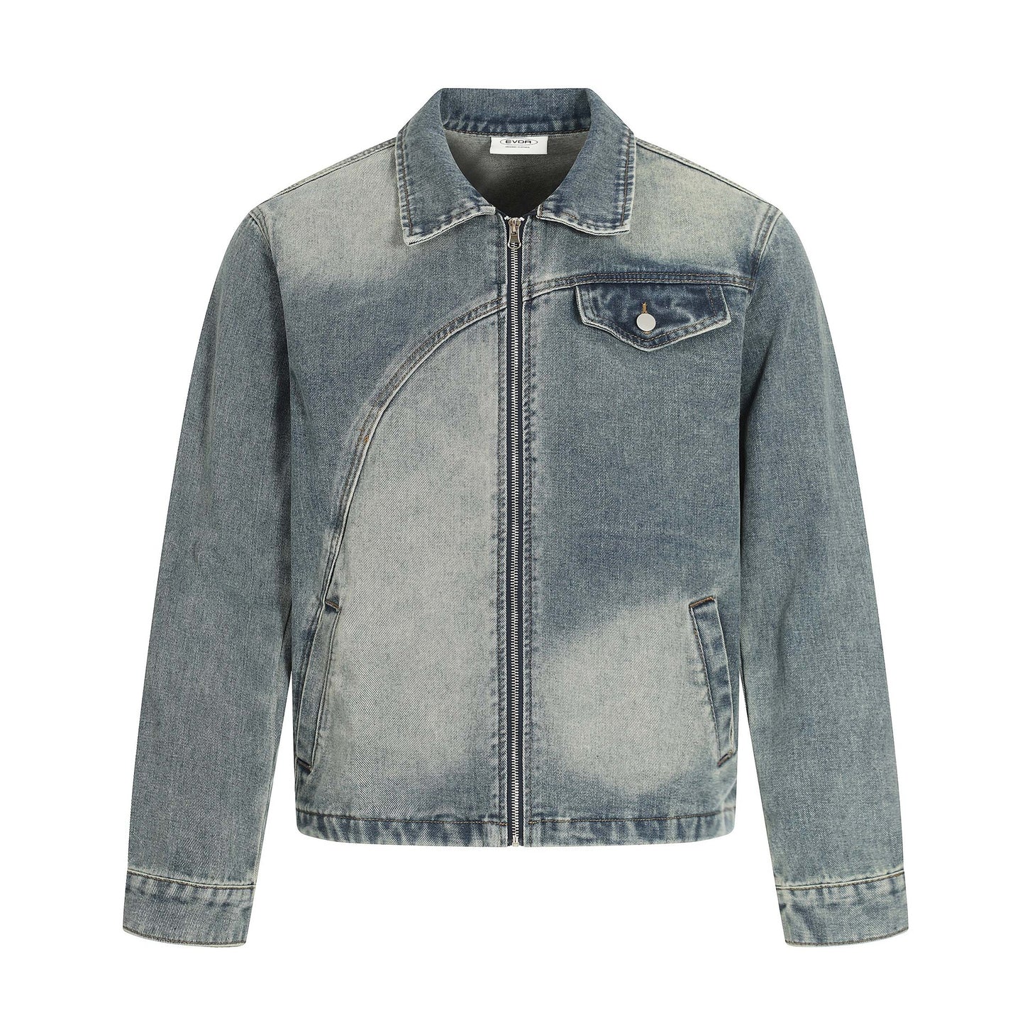 Unisex Distressed Patchwork Denim Jacket with Turn-Down Collar