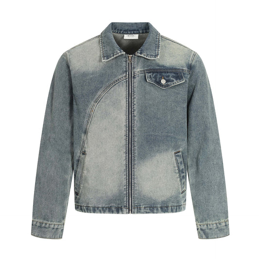 Unisex Distressed Patchwork Denim Jacket with Turn-Down Collar
